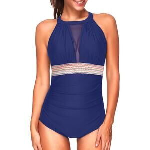 NWT Large One Piece Tummy Control Ruched Navy and Color Block Swimsuit